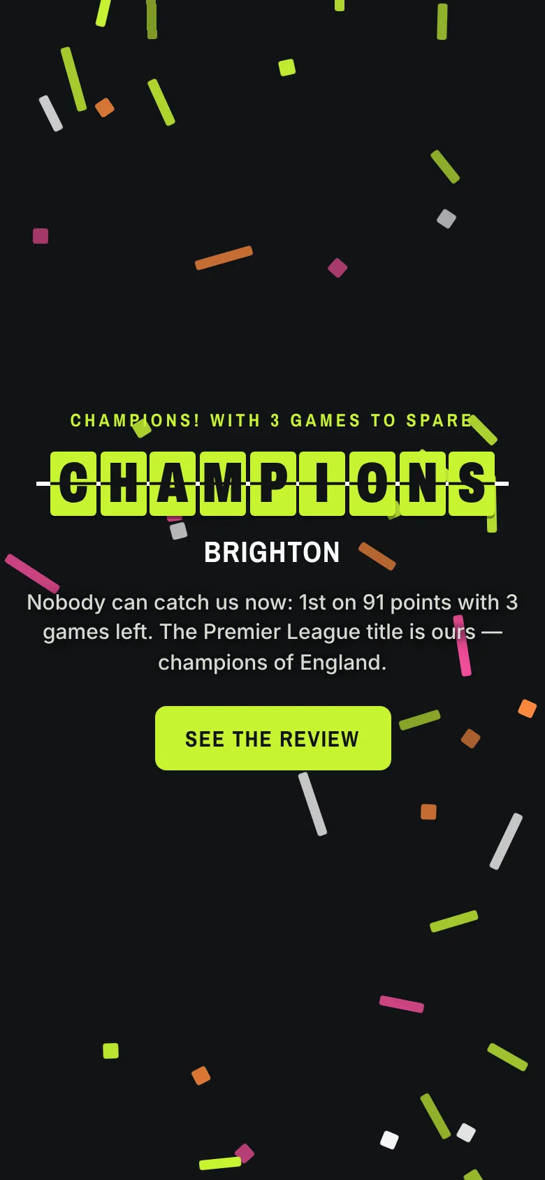 The title-win screen: CHAMPIONS on split-flap tiles with ticker tape