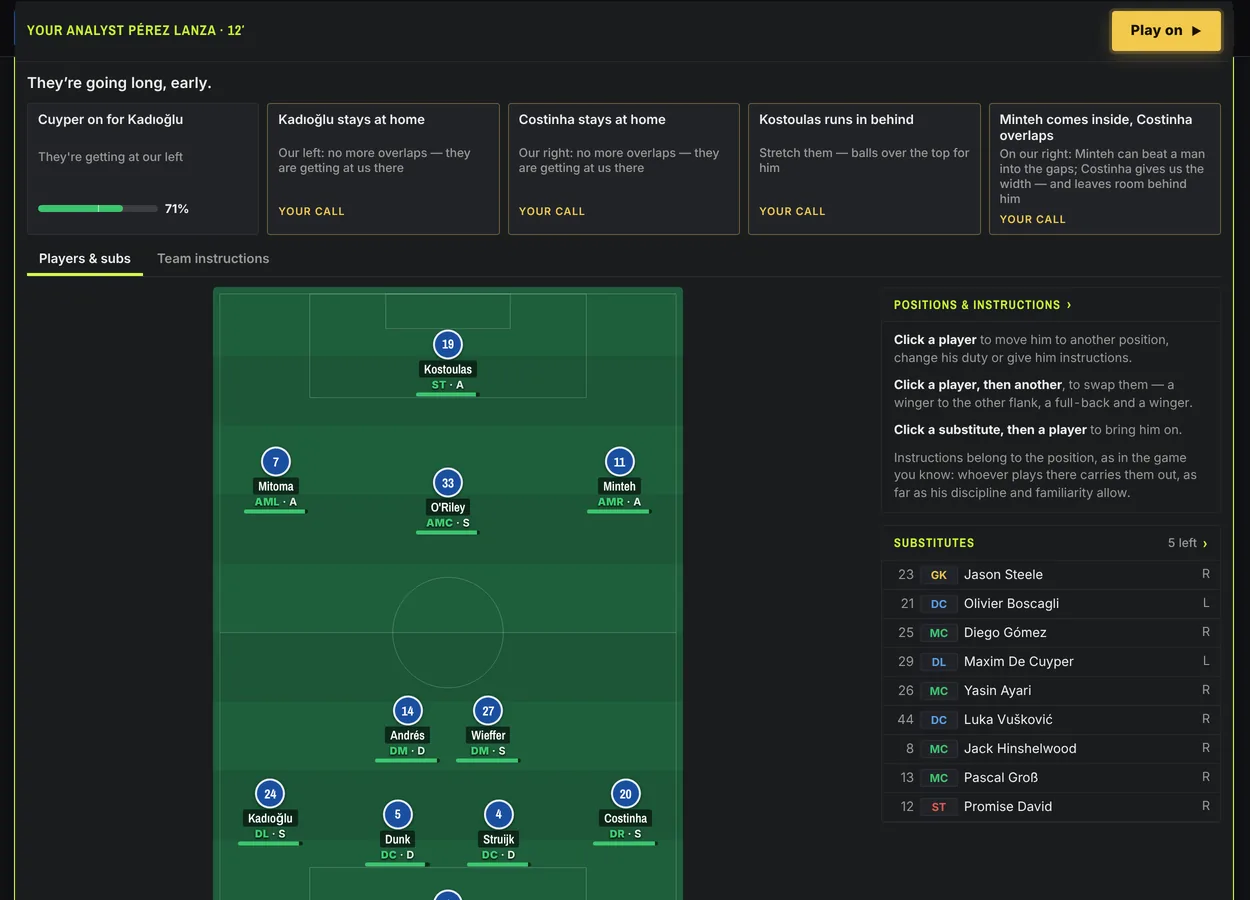 Mid-match: the analyst says the other side are going long early, with five changes to choose from on the tactics board