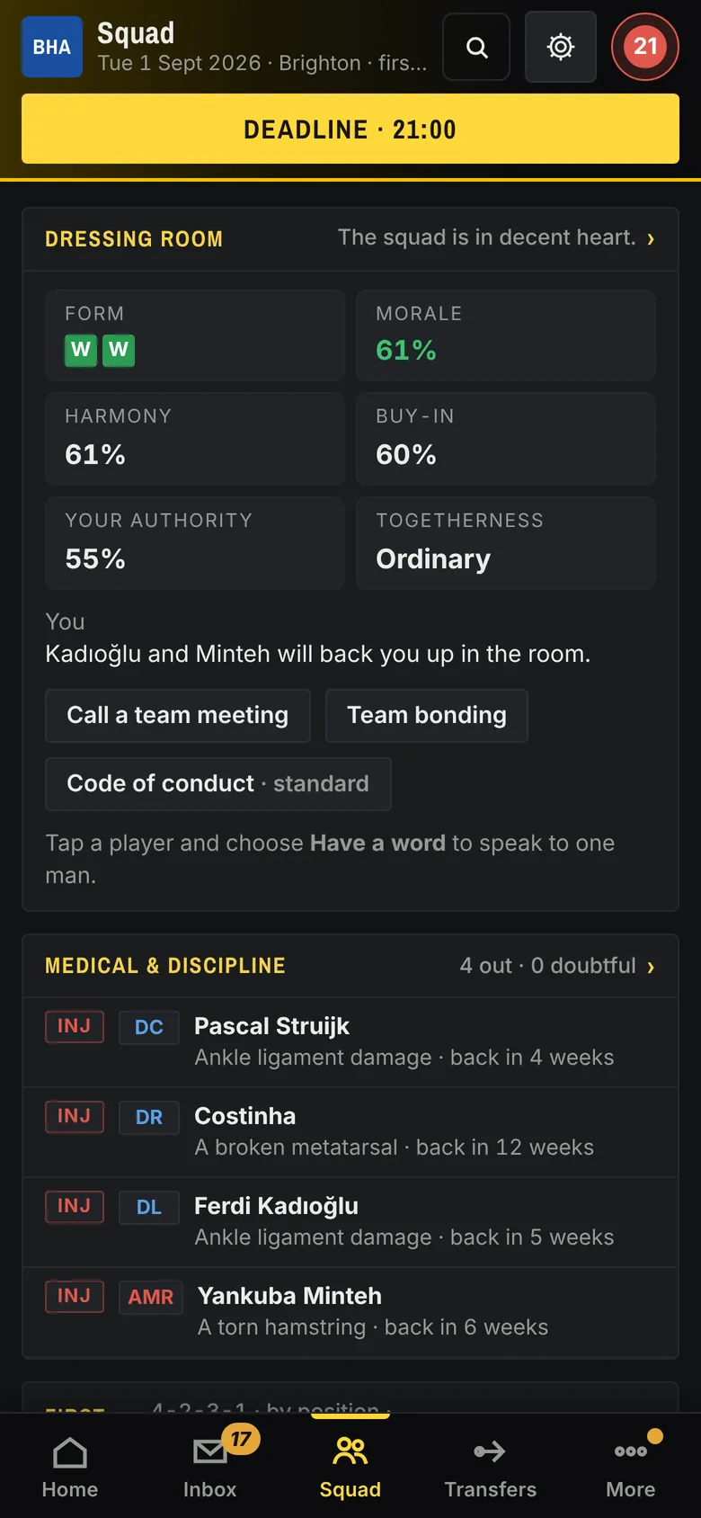 The squad screen: dressing-room harmony, morale and buy-in, the players who back the manager, and the injury list